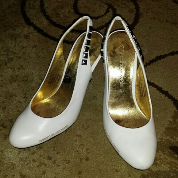 Vintage Christian Audigier white leather rhinestone heels shoes - Picture 3 of 4